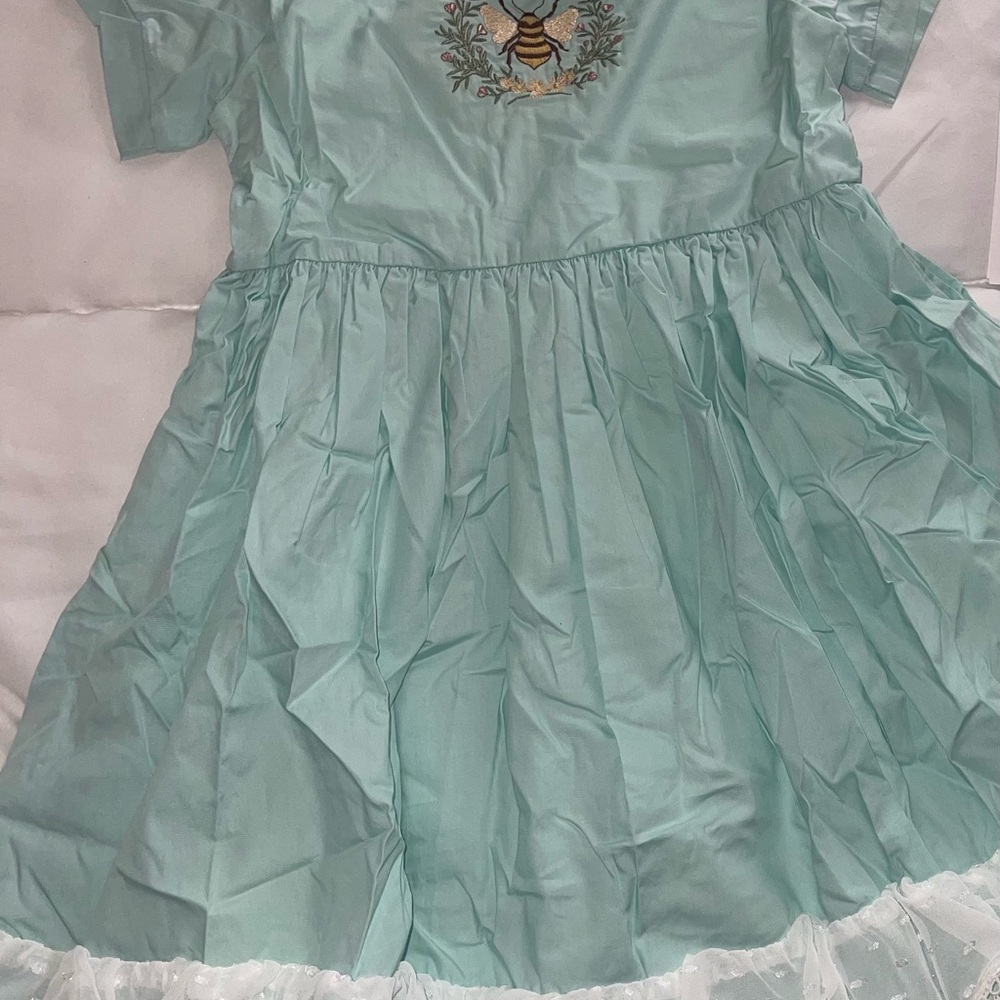 Girls' Mint Green Formal Dress with Bee Embroidery